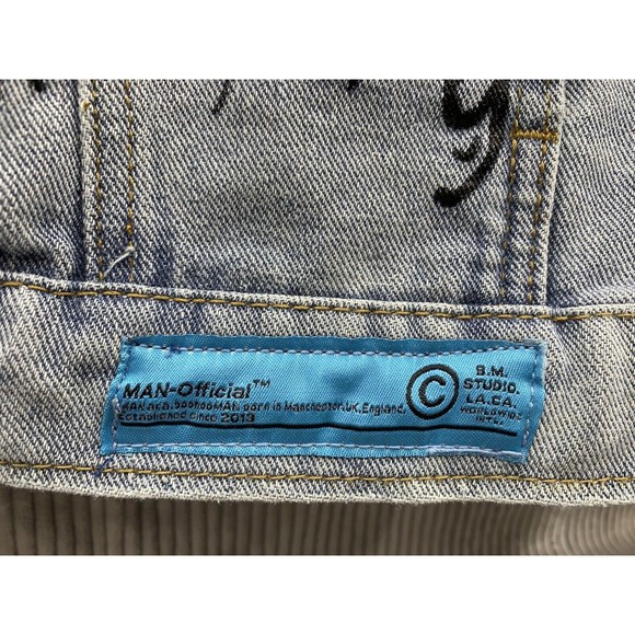 Boohoo MAN Official Denim Jacket Graphic Print Mens Large Blue Button Front - Picture 14 of 16